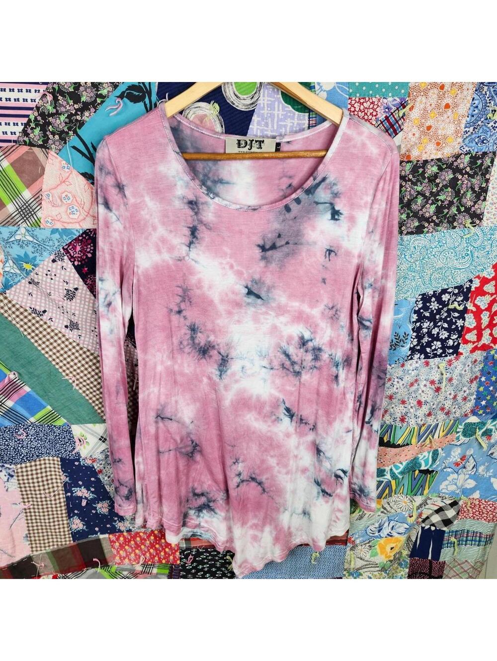 DJT Women's Long Sleeve Tie-Dye Top - Pink & Gray - Large